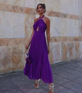 ZARA PLEATED MIDI DRESS WITH CUT-OUT DETAIL PURPLE SS23 SIZE XS REF.3564/179 - Picture 1 of 4