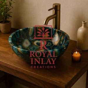 Handmade Blue Agate Stone Sink–Natural Gemstone Vessel Basin–Luxury Vanity Bowl - Picture 1 of 5