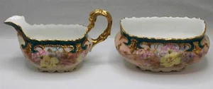 ANTIQUE KLINGENBERG & DWENGER LIMOGES CREAMER & SUGAR HANDPAINTED ROSES c1900 - Picture 1 of 10