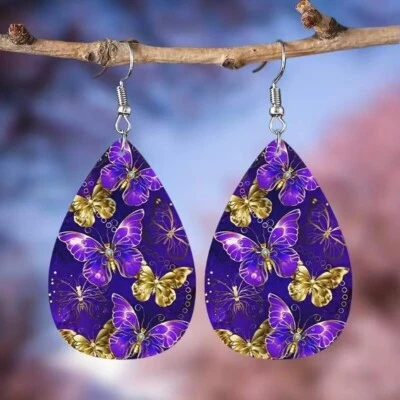 Moda Pendientes Mariposa Púrpura Imitación Cuero Pendiente Lágrima PU Colgante Fiesta Foto 1 de 4