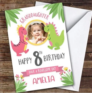 Dinosaur Pink Photo Granddaughter 8th Custom Personalised Birthday Card - Picture 1 of 1