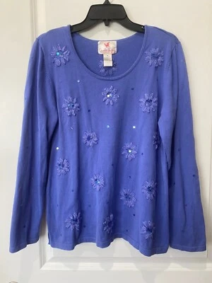 Suéter Túnica Quacker Factory Mujer M Púrpura Azul Algodón Tejido Flor Lentejuelas Foto 1 de 4