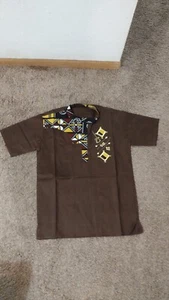 Men Top African Cloth Brown Tribal Print Top/ Shirt Size M - Picture 1 of 4