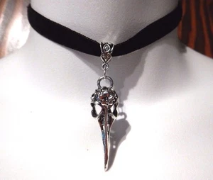 BLACK VELVET SILVER CROW CHOKER bird sugar skull raven gothic punk necklace A4 - Picture 1 of 3