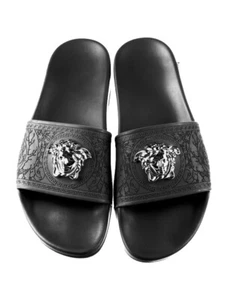 VERSACE BLACK SILVER PALAZZO POOL SANDALS ITALY SIZE US 35 EU 5 NIB - Picture 1 of 5