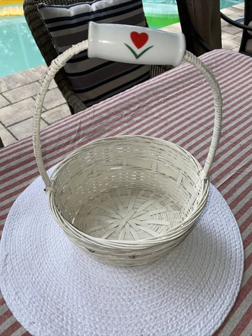 White Wicker Basket With Painted Hearts And Ceramic Heart Handle Cover