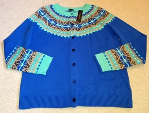NWT Womens Sweater-TALBOTS-blue/green fair isle wool blend button cardigan ls-XL - Picture 1 of 5