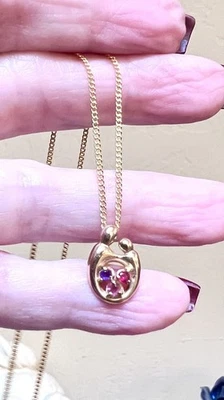 Lovely 14 Kt. Yellow Gold & Gemstones Mother & Child Pendant, Gold Filled Chain - Image 1 of 4