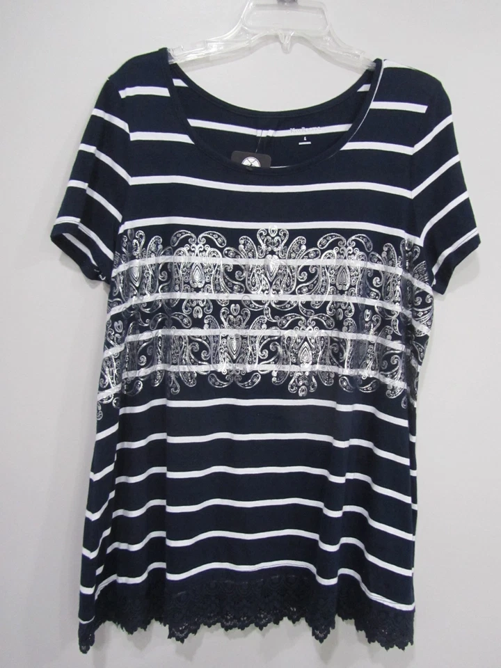 Blusa Camisa KIM ROGER Stop L 12 Busto 44 Largo 29 + Ribete de Encaje Azul Marino Blanco Plata Foto 1 de 1