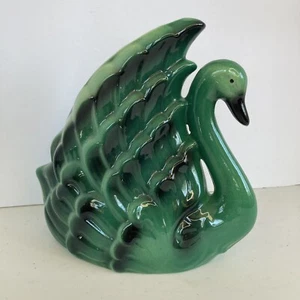 Vtg Swan Vase Planter Emerald Green Black MCM 60s Figurine Grannycore See Chip - Picture 1 of 7