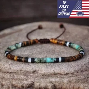 African Turquoise & Tiger Eye Beads Gemstone Healing Dainty Women Men Bracelets - Picture 1 of 6