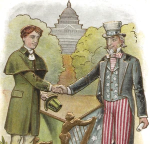 c. 1907 Uncle Sam Irish Friendship Embossed Card - Lounsbury Art - Harp, Capitol - Bild 1 von 3