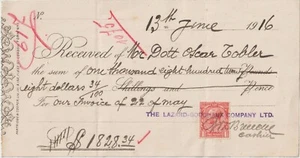 1916 Gran Bretagna assegno bancario in Italia dott.Oscar Tobler - Foto 1 di 1