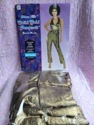 Solid Gold Jumpsuit Costume Halloween Fancy Dress NWT 60s 70s Disco Gold  - Image 1 of 4