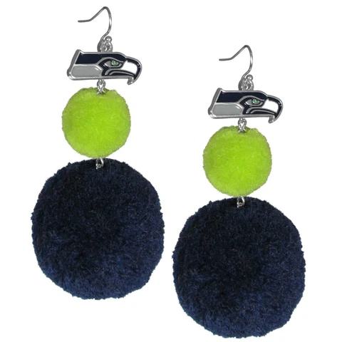 Seattle Seahawks Dangle Pom Pom Earrings (NFL Football Jewelry) Cover
