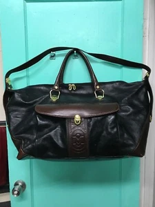 Marino Orlandi Black/Brown Leather Duffle Weekend Travel Bag - Picture 1 of 11