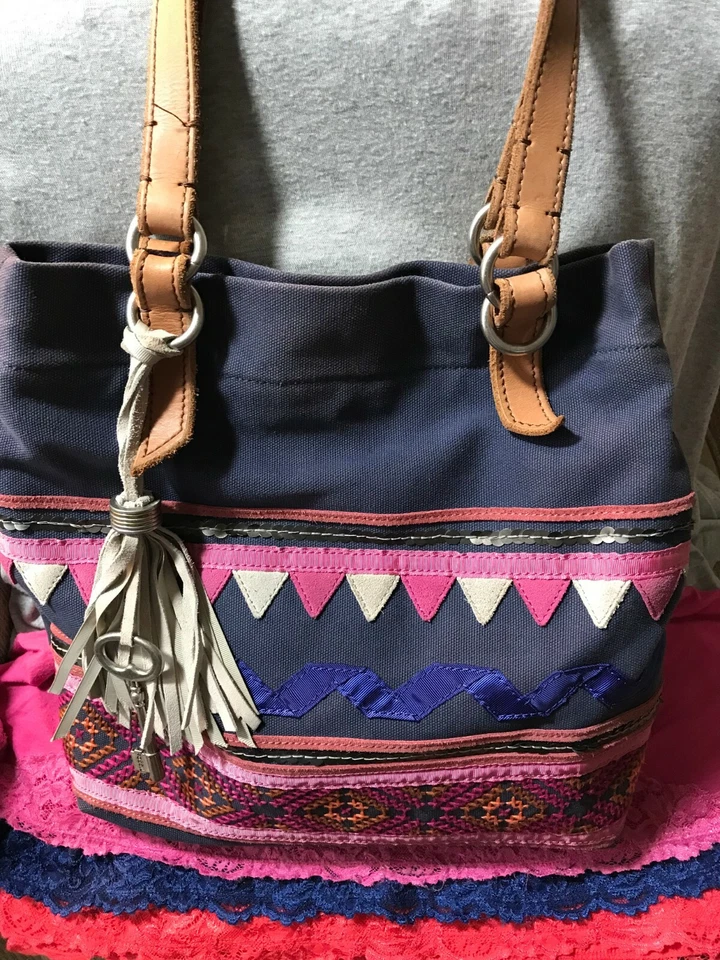 Fossil Jesse Azul Marino Rosa Lona Cuero Multicolor Snap Hobo/Tote Foto 1 de 4