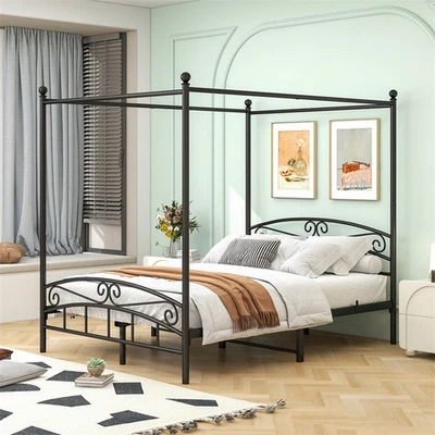 Queen Size Metal Canopy Bed Frame with Vintage Headboard Footboard,Black - Image 1 of 4