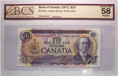 Canada 1971 - $ 10 - BC-49c-i - Lawson-Bouey - BCS Graded AU-58 Prefix EDM - Image 1 of 2