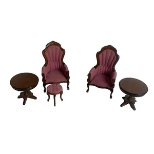 Dollhouse Miniature Concord Velvet Victorian Parlor Chairs & Tables Mauve Pink - Picture 1 of 8