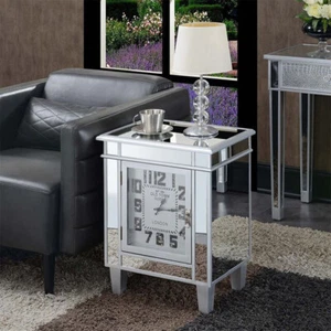 Silver Mirrored Glass Bedside Table Nighstand Side Table Cabinet w/ Quartz Clock - Picture 1 of 10