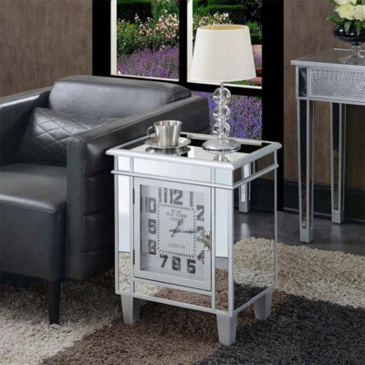 Silver Mirrored Glass Bedside Table Nighstand Side Table Cabinet w/ Quartz Clock - Image 1 of 4