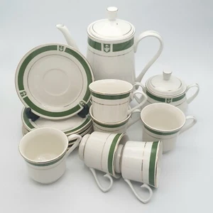Vintage 14-Piece Tea/Coffee Set - Green Banded Cups, Saucers & Sugar Bowl - Picture 1 of 14