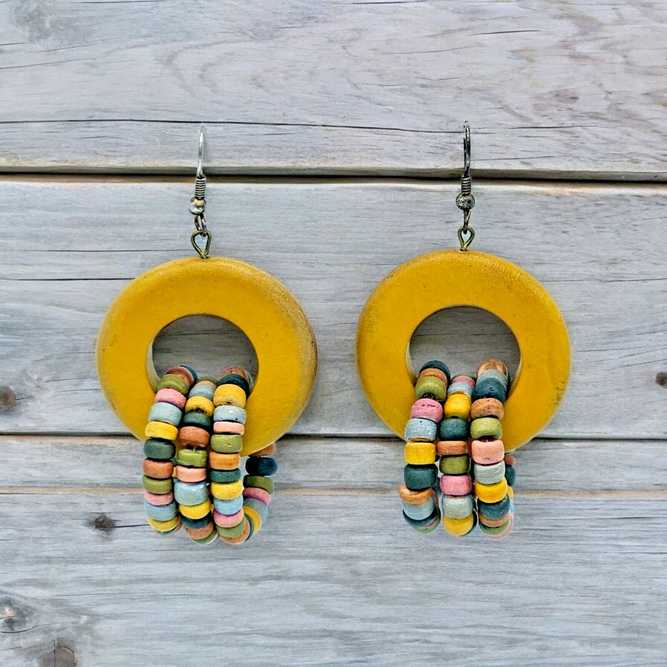 Bohemian Wood Circle Earrings Chunky Round Statement Dangle Mustard Tropical - Image 1 of 4