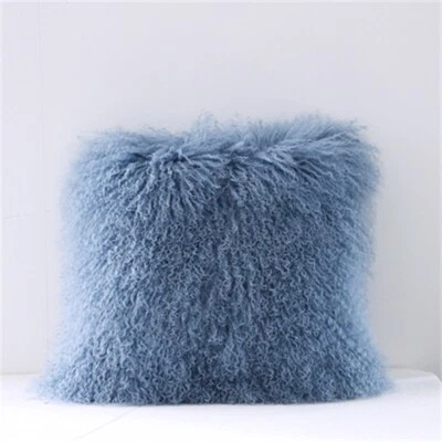 Plush Mongolian Fur Pillow Case Tibetan Lamb Wool Cushion Cover Gray Blue Square - Image 1 of 3