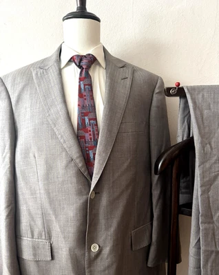 Paul Fredrick 2 piezas Traje Para Hombre 48R - 39W x 29L Gris Taupe Rayas Lana Pico Solapa Foto 1 de 4