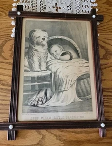1850s Era Currier Ives Print Dog Sleeping Child Lithograph Print Tramp Art Frame - Bild 1 von 18