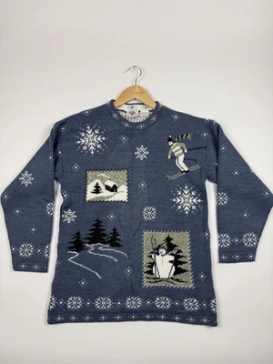 Suéter de Navidad vintage para mujer talla M azul invierno tema esquí Foto 1 de 4