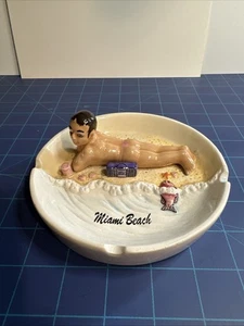 Vintage Miami Beach Ashtray with Man In Speedo at beach Light crazing,Clean 5.5” - Picture 1 of 3