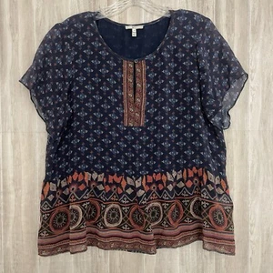 Joie Women's Ruffle Silk Blouse Size Medium Geometric Boho Preppy Casual - Picture 1 of 13