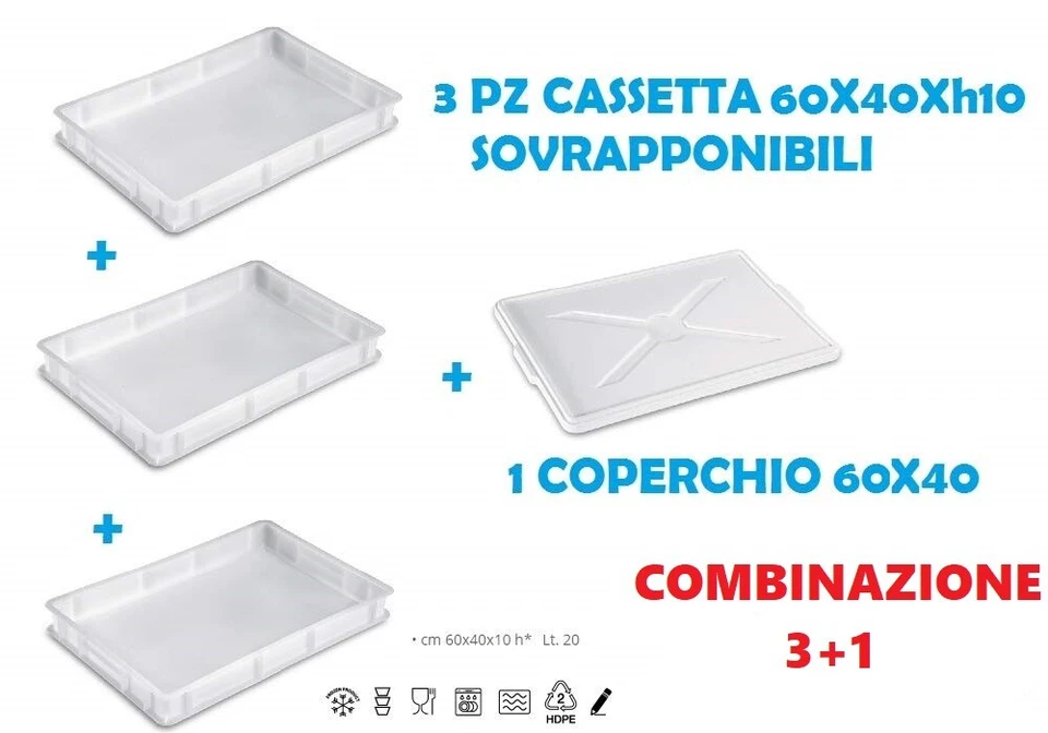 GIGANPLAST OFFERTA 3 CASSETTE PORTAIMPASTO 1 COPERCHIO 60X40X10 CONTENITORE IMPASTO PIZZA
