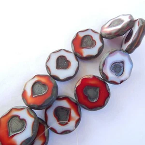 1 Bead - 21mm Coin Heart Table Cut Milky Red and White Travertin, Czech Glass - Picture 1 of 1