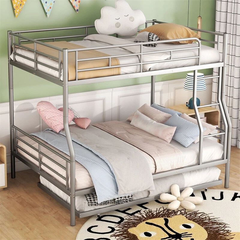 Metal Full XL Over Queen Size Bunk Bed w/Trundle for Teens Adults Bedroom-Silver - Image 1 of 1