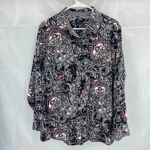 Chaps Women 2X Floral Button Up Shirt Paisley Black Red Long Sleeve Top No Iron - Picture 1 of 8
