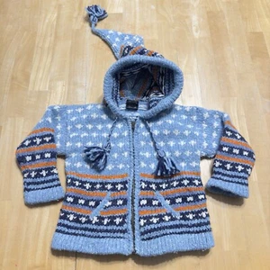 Otavalo Unisex Kids Sweater Full Zip Native American Blue Tassel Wool Blend 18M - Picture 1 of 9