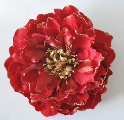Broche prendedor flor seda peonía terciopelo rojo y oro 6" Navidad vacaciones invierno  Foto 1 de 3