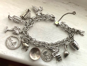Vintage Sterling 12 CHARMS And SILVER BRACELET Collection Wearable 7 “ Estate