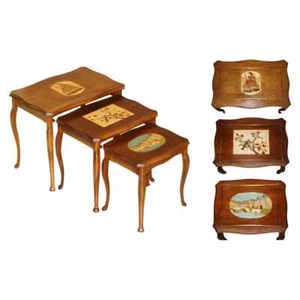 VINTAGE NEST OF TABLES WITH HAND PAINTED MARQUETRY INLAID TOPS VERY DECORATIVE - Picture 1 of 12