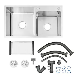 Double Bowl Composite Drop-in Kitchen Sink 2 Bowl Set Stainless Steel - Picture 1 of 10