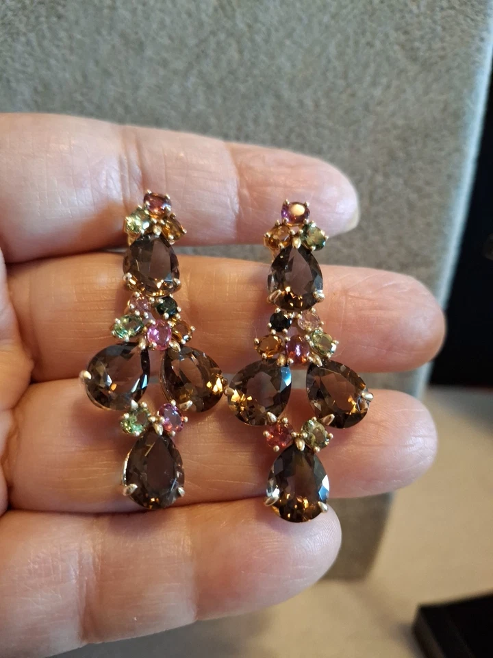 Pendientes colgantes genuinos de turmalina multicolor y cuarzo ahumado oro sobre SS Foto 1 de 4