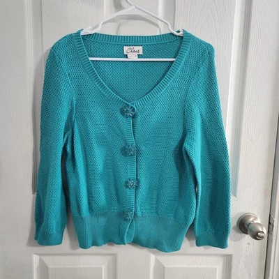 Винтажный Chaus бирюзовый вязаный хлопок кардиган regencycore цветочный женский M - Изображение 1 из 4