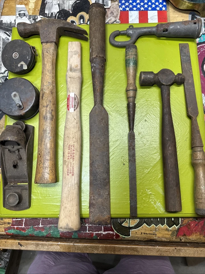 Antiguo y Vintage Lote de Herramientas Martillo Mango Plano Cincel Etc. Foto 1 de 4