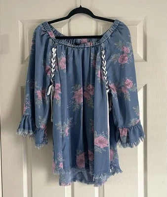 Ali Miles Off The Shoulder Floral Chambray Tunic XL Rope Tie Fray Hem Cottage - Image 1 of 4