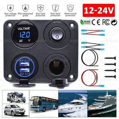 12V Switch Panel Car Boat With 2 USB Charger Voltmeter Cigarette Lighter Socket - image 1 of 4