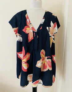 Daniel Rainn Women Top Blouse 2X Navy Blue Floral Pleated Embroidered Artsy - Picture 1 of 10