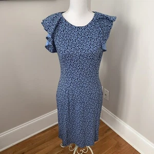 Lands' End Womens Flutter Sleeve Blue Floral Stretch Knit Sheath Career Dress 6 - Picture 1 of 7
